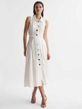 Reiss White Sleeveless Collared Button-Front Midi Dress